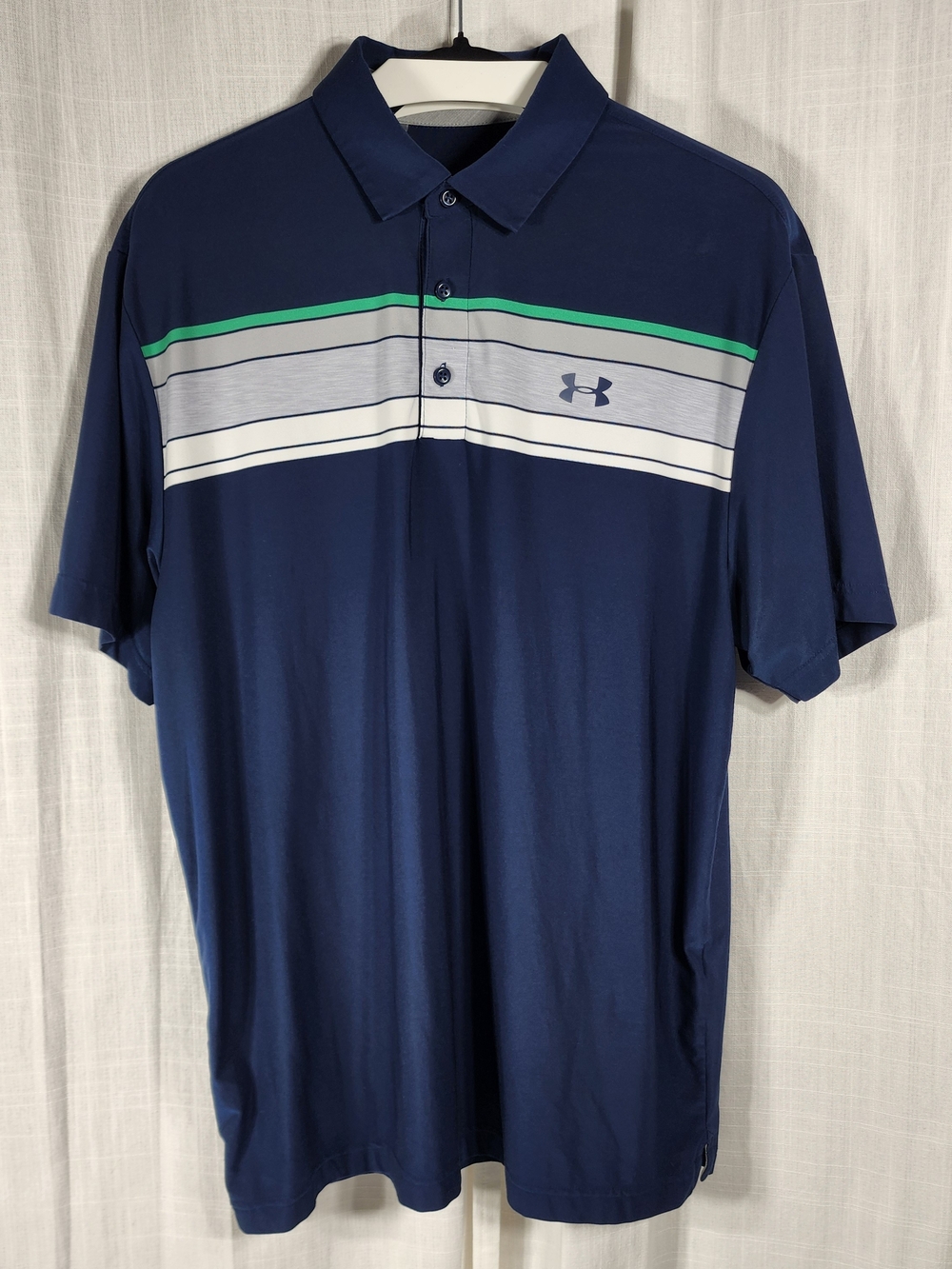 Under Armour Men's Navy Polo with Green and Gray Stripes